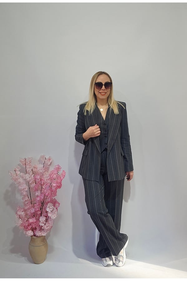 Yeni Sezon Trend Premium Antrasit Çizgi Detaylı Üçlü Takım Pantolon Yelek Blazer Ceket