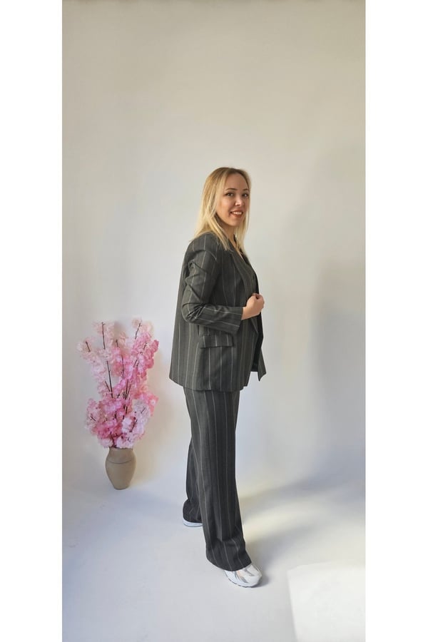 Yeni Sezon Trend Premium Antrasit Çizgi Detaylı Üçlü Takım Pantolon Yelek Blazer Ceket