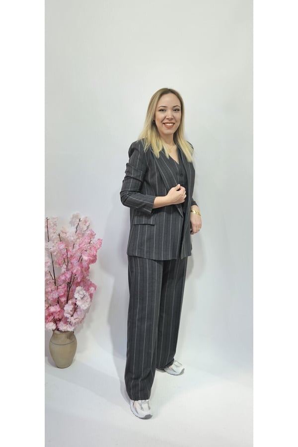 Yeni Sezon Trend Premium Antrasit Çizgi Detaylı Üçlü Takım Pantolon Yelek Blazer Ceket