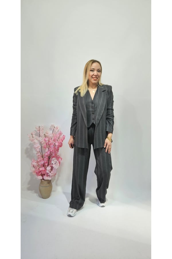 Yeni Sezon Trend Premium Antrasit Çizgi Detaylı Üçlü Takım Pantolon Yelek Blazer Ceket