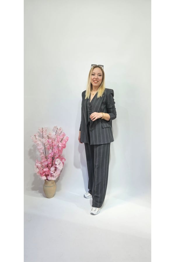 Yeni Sezon Trend Premium Antrasit Çizgi Detaylı Üçlü Takım Pantolon Yelek Blazer Ceket