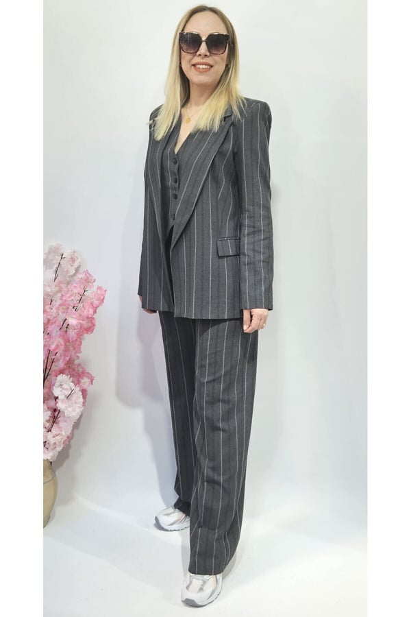 Yeni Sezon Trend Premium Antrasit Çizgi Detaylı Üçlü Takım Pantolon Yelek Blazer Ceket