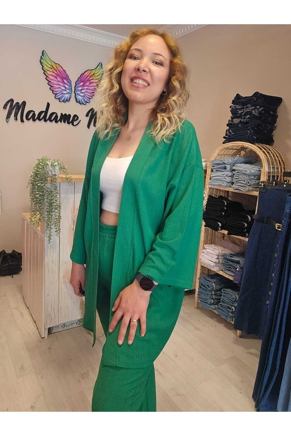 Yeşil Renk Kadın Kimono Bürümcük Kumaş Alt-üst Takım