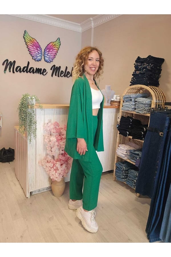 Yeşil Renk Kadın Kimono Bürümcük Kumaş Alt-üst Takım