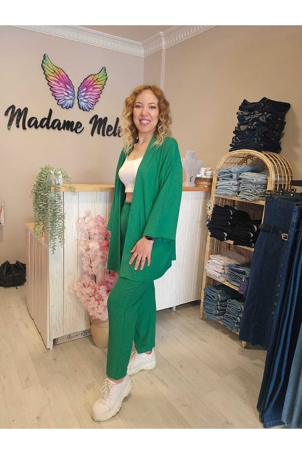 Yeşil Renk Kadın Kimono Bürümcük Kumaş Alt-üst Takım