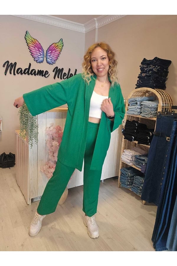 Yeşil Renk Kadın Kimono Bürümcük Kumaş Alt-üst Takım
