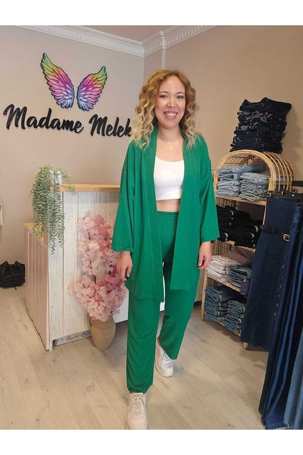 Yeşil Renk Kadın Kimono Bürümcük Kumaş Alt-üst Takım