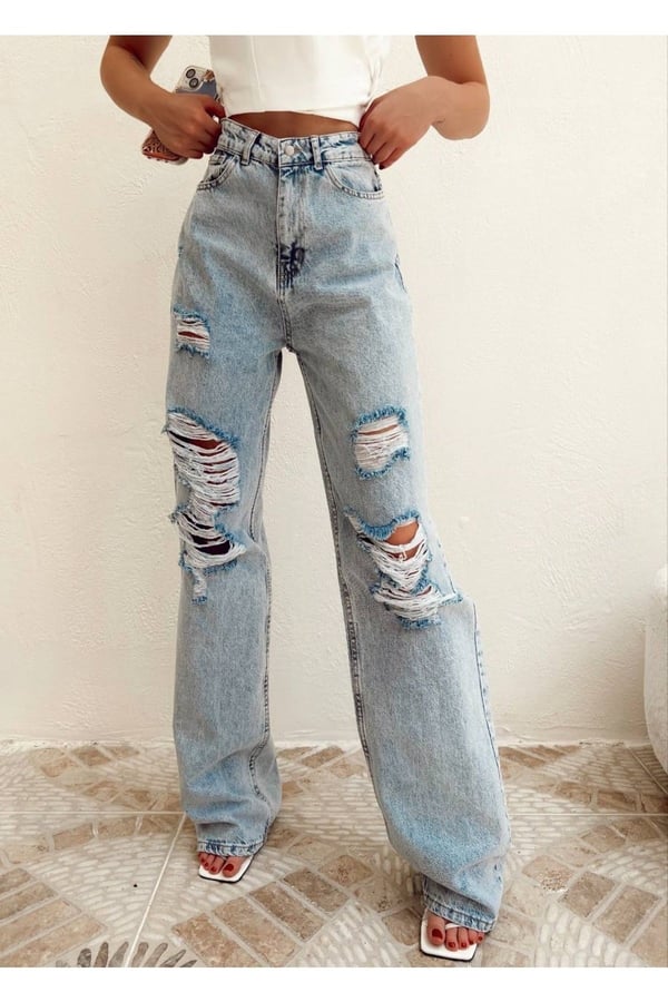 Yırtık Bol Paça Jean-kot Pantolon-buz Mavi