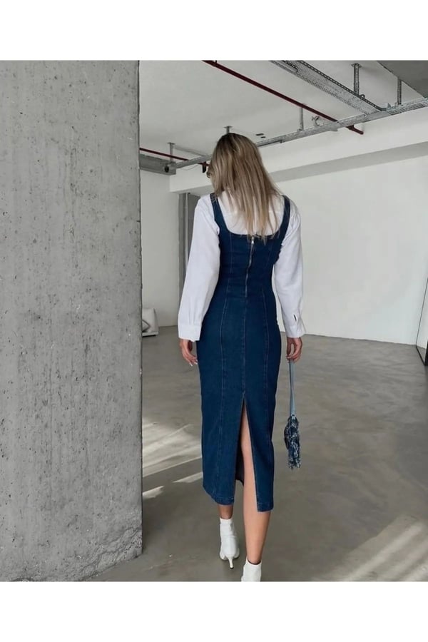 Yırtmaçlı Sırt Fermuarlı Denim Elbise Kot Elbise Likralı Tam Kalıp