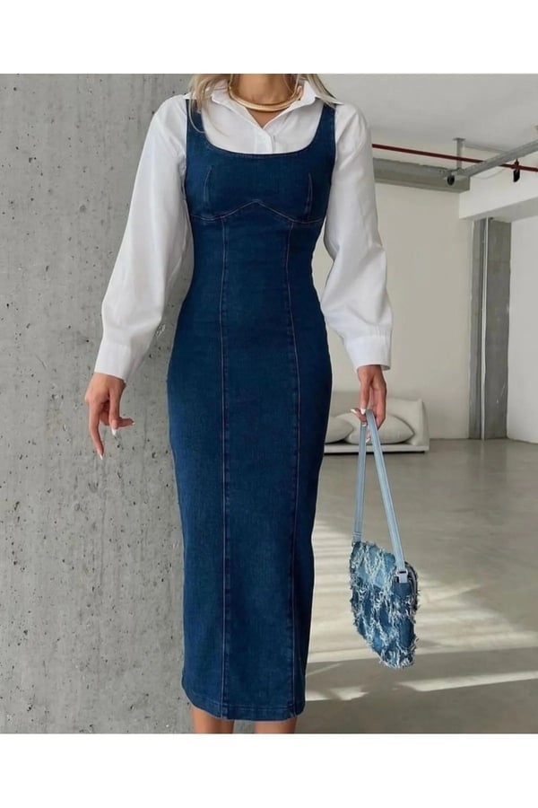 Yırtmaçlı Sırt Fermuarlı Denim Elbise Kot Elbise Likralı Tam Kalıp