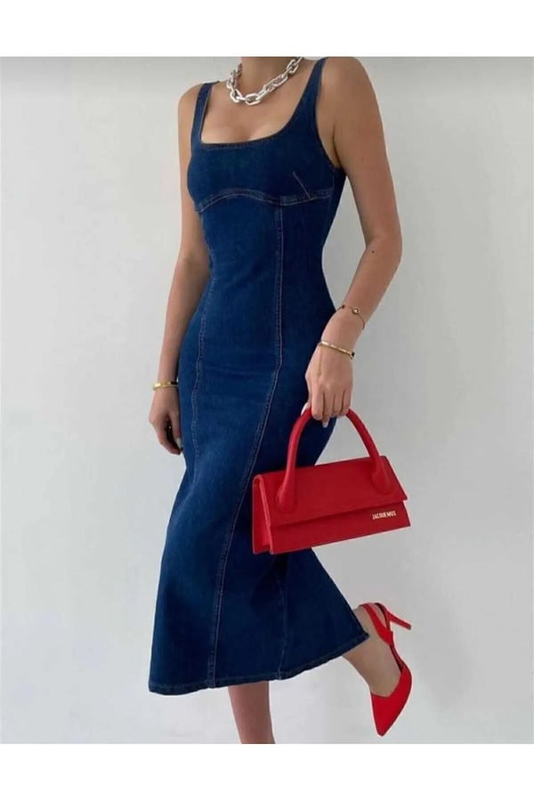 Yırtmaçlı Sırt Fermuarlı Denim Elbise Kot Elbise Likralı Tam Kalıp