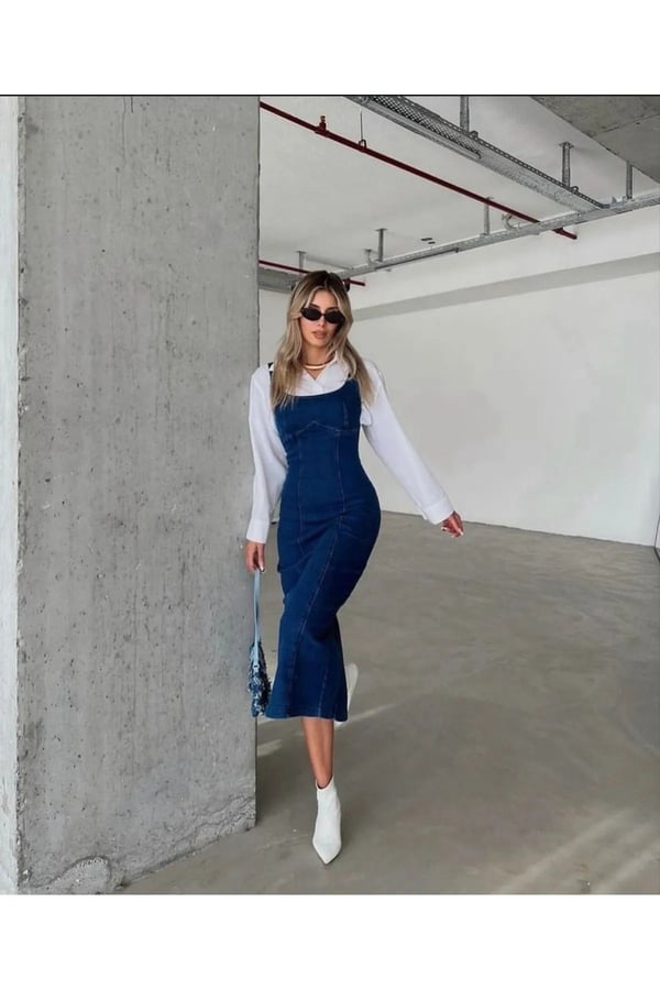 Yırtmaçlı Sırt Fermuarlı Denim Elbise Kot Elbise Likralı Tam Kalıp
