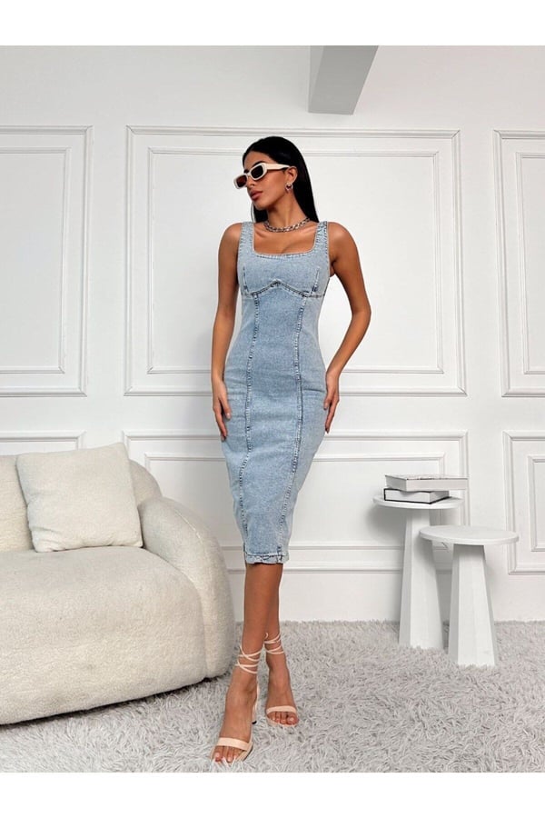 Yırtmaçlı Sırt Fermuarlı Midi Mavi Denim Elbise Kot Elbise Denim Dress