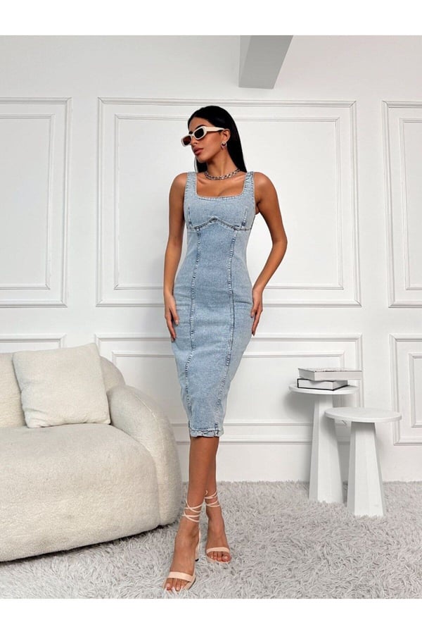 Yırtmaçlı Sırt Fermuarlı Midi Mavi Denim Elbise Kot Elbise Denim Dress
