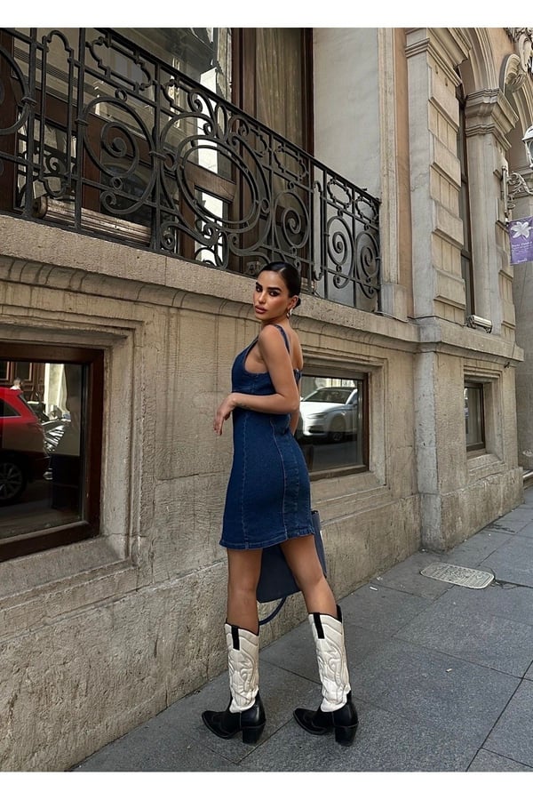 Yırtmaçlı Sırt Fermuarlı Midi Mavi Denim Elbise Kot Elbise Denim Dress