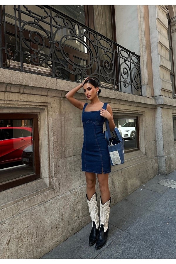 Yırtmaçlı Sırt Fermuarlı Midi Mavi Denim Elbise Kot Elbise Denim Dress