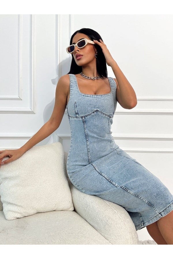 Yırtmaçlı Sırt Fermuarlı Midi Mavi Denim Elbise Kot Elbise Denim Dress