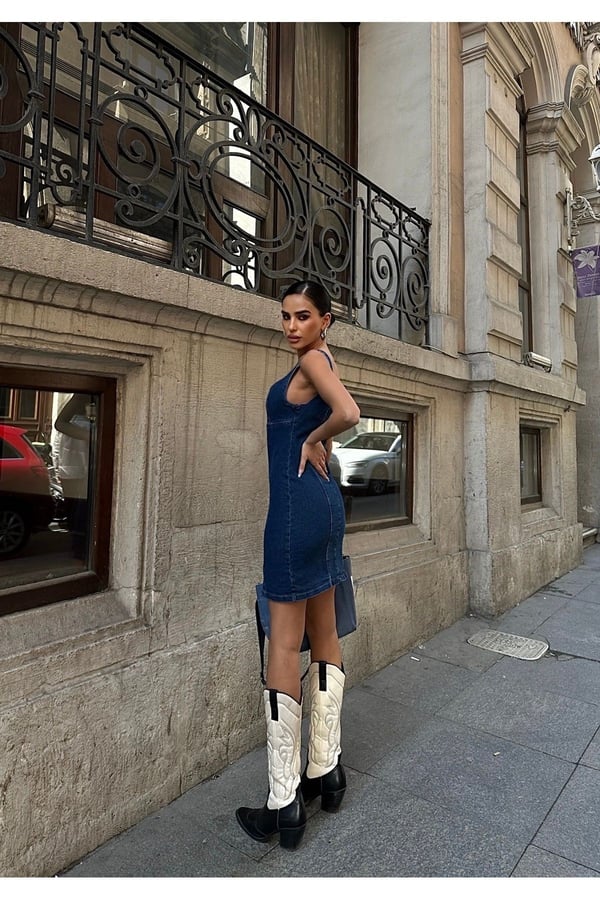 Yırtmaçlı Sırt Fermuarlı Midi Mavi Denim Elbise Kot Elbise Denim Dress