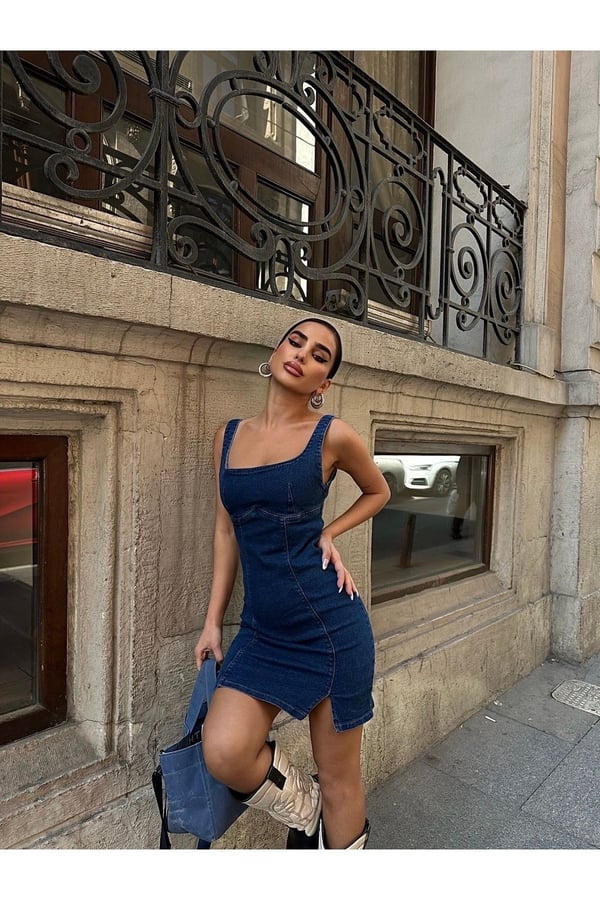 Yırtmaçlı Sırt Fermuarlı Midi Mavi Denim Elbise Kot Elbise Denim Dress