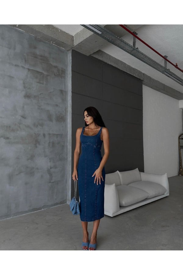 Yırtmaçlı Sırt Fermuarlı Midi Mavi Denim Elbise Kot Elbise Denim Dress