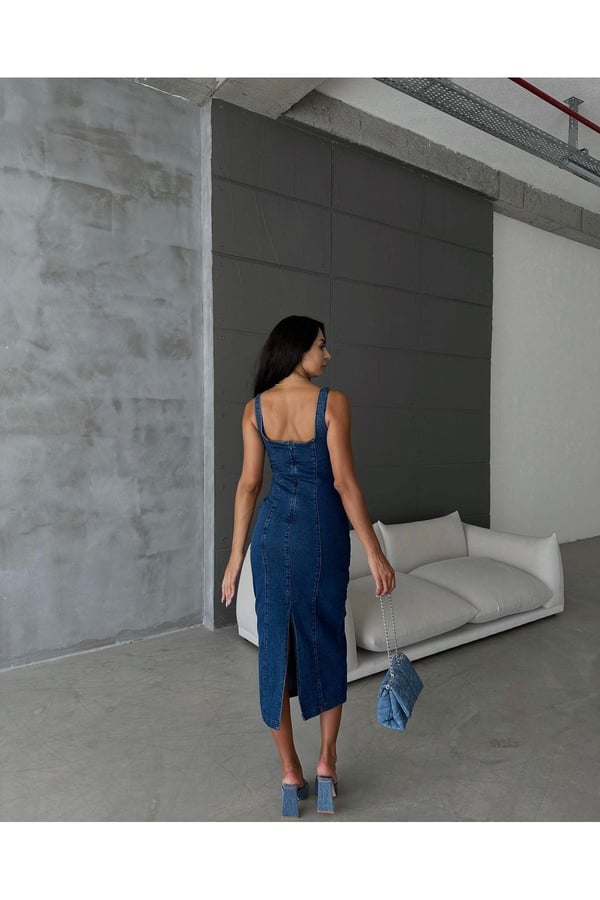 Yırtmaçlı Sırt Fermuarlı Midi Mavi Denim Elbise Kot Elbise Denim Dress