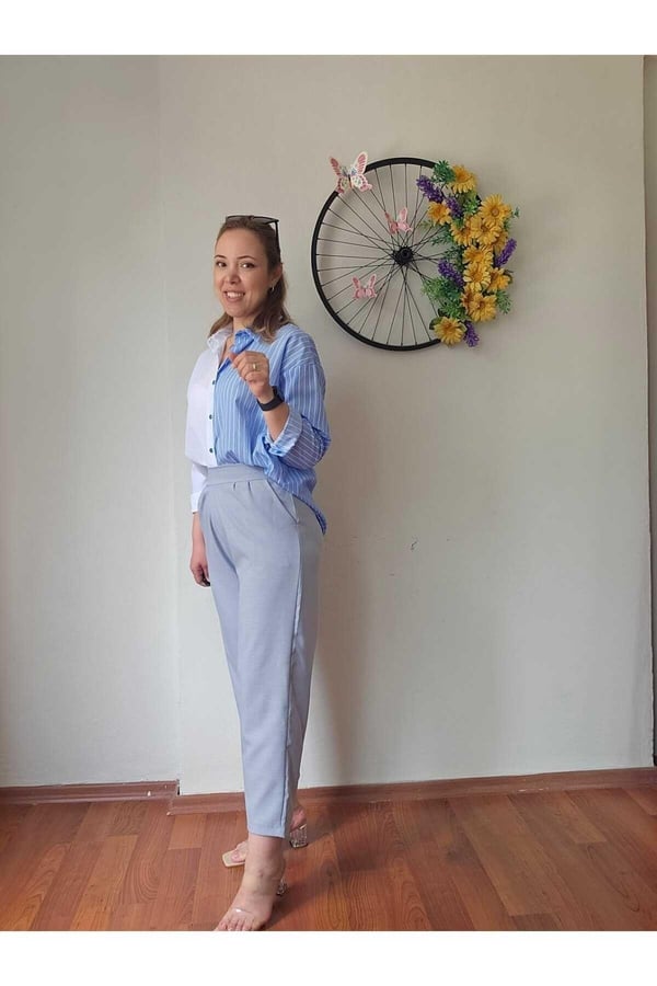 Yüksek Bel Arka Beli Lastikli Likralı Keten Açık Mavi Kadın Şalvar Pantolon