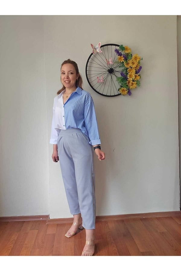 Yüksek Bel Arka Beli Lastikli Likralı Keten Açık Mavi Kadın Şalvar Pantolon