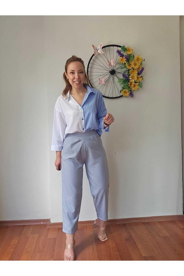Yüksek Bel Arka Beli Lastikli Likralı Keten Açık Mavi Kadın Şalvar Pantolon