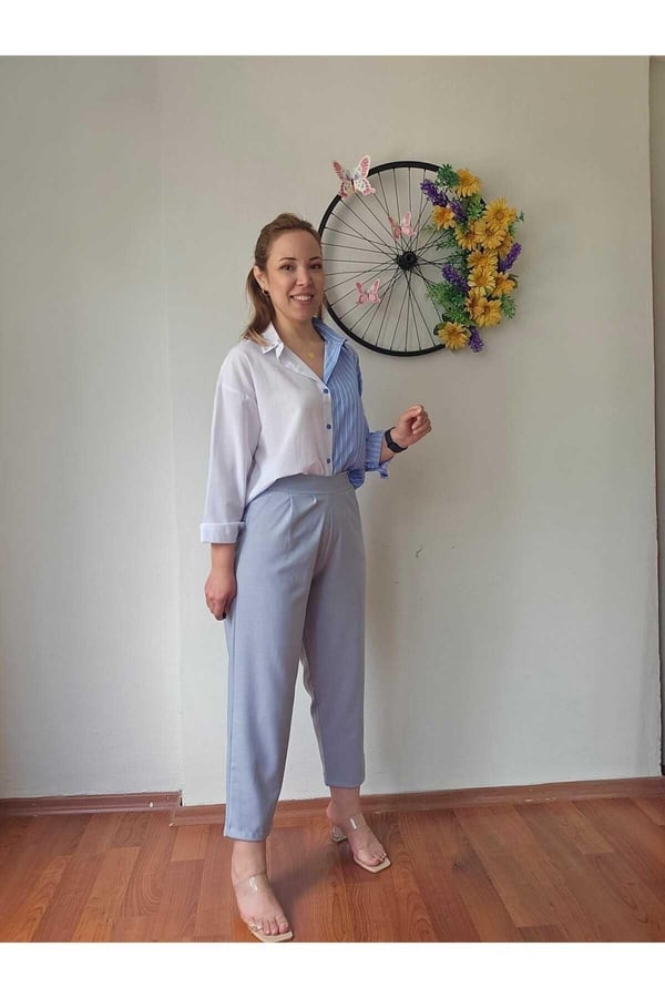 Yüksek Bel Arka Beli Lastikli Likralı Keten Açık Mavi Kadın Şalvar Pantolon