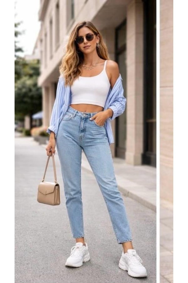 Yüksek Bel Mom Jean Pantolon Kadın Vintage Kesim Rahat Kalıp Günlük Denim