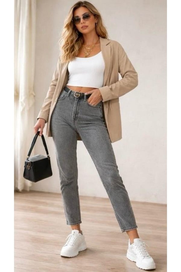 Yüksek Bel Mom Jean Pantolon Kadın Vintage Kesim Rahat Kalıp Günlük Denim