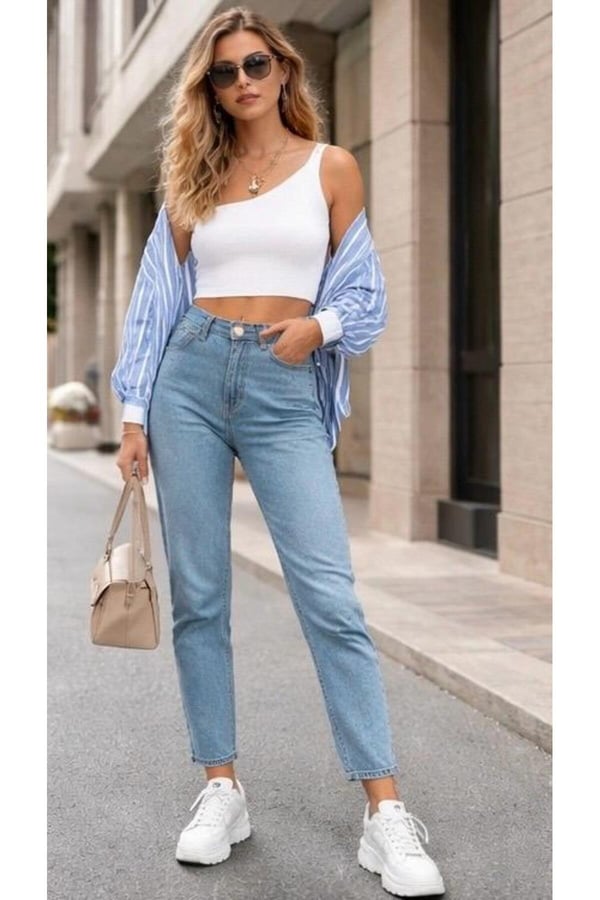 Yüksek Bel Mom Jean Pantolon Kadın Vintage Kesim Rahat Kalıp Günlük Denim