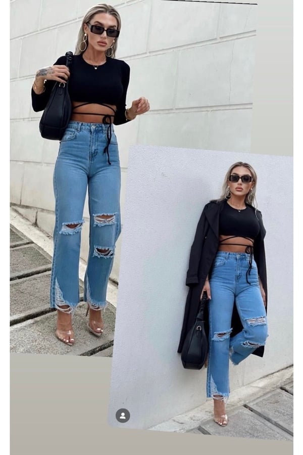 Yüksek Bel Yırtık Jean/kot Panolon