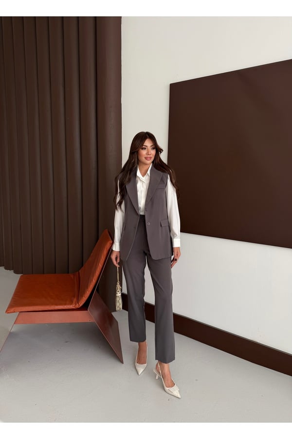 Zr Model Marka Vatkalı Yelek Pantolon Takım - Havuç Pantolon Uzun Yelek Düz Renk Takım