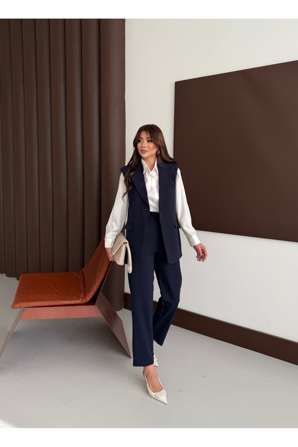 Zr Model Marka Vatkalı Yelek Pantolon Takım - Havuç Pantolon Uzun Yelek Düz Renk Takım
