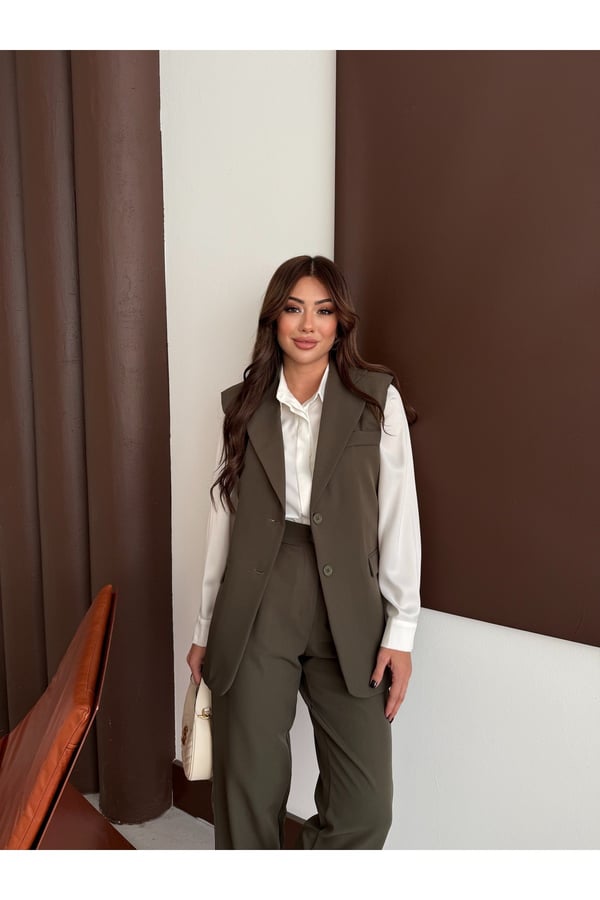 Zr Model Marka Vatkalı Yelek Pantolon Takım - Havuç Pantolon Uzun Yelek Düz Renk Takım