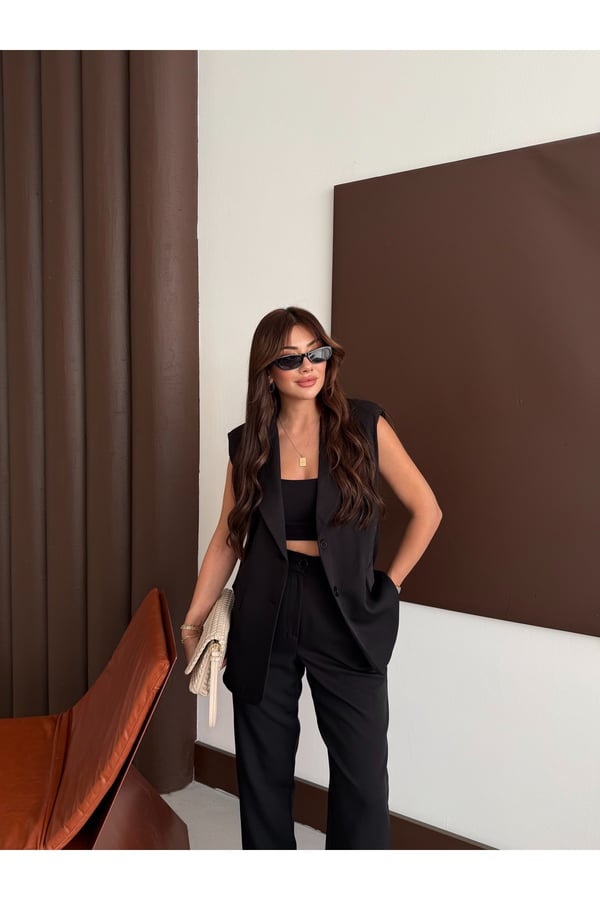 Zr Model Marka Vatkalı Yelek Pantolon Takım - Havuç Pantolon Uzun Yelek Düz Renk Takım