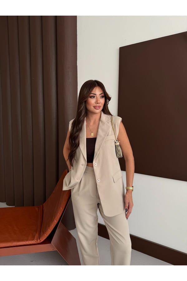 Zr Model Marka Vatkalı Yelek Pantolon Takım - Havuç Pantolon Uzun Yelek Düz Renk Takım