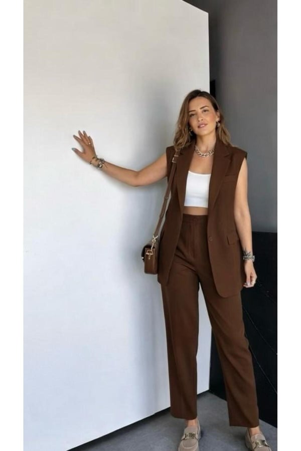 Zr Model Marka Vatkalı Yelek Pantolon Takım - Havuç Pantolon Uzun Yelek Düz Renk Takım