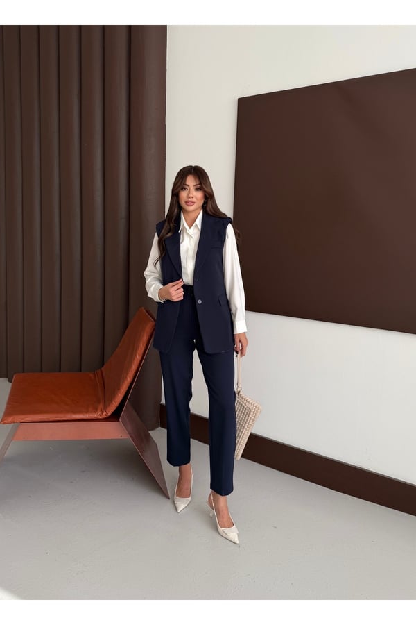 Zr Model Marka Vatkalı Yelek Pantolon Takım - Havuç Pantolon Uzun Yelek Düz Renk Takım