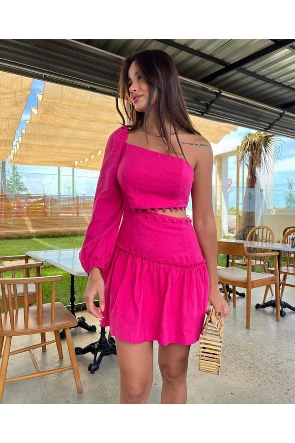 Zr Model Pencere Detaylı Tek Kol Keten Elbise