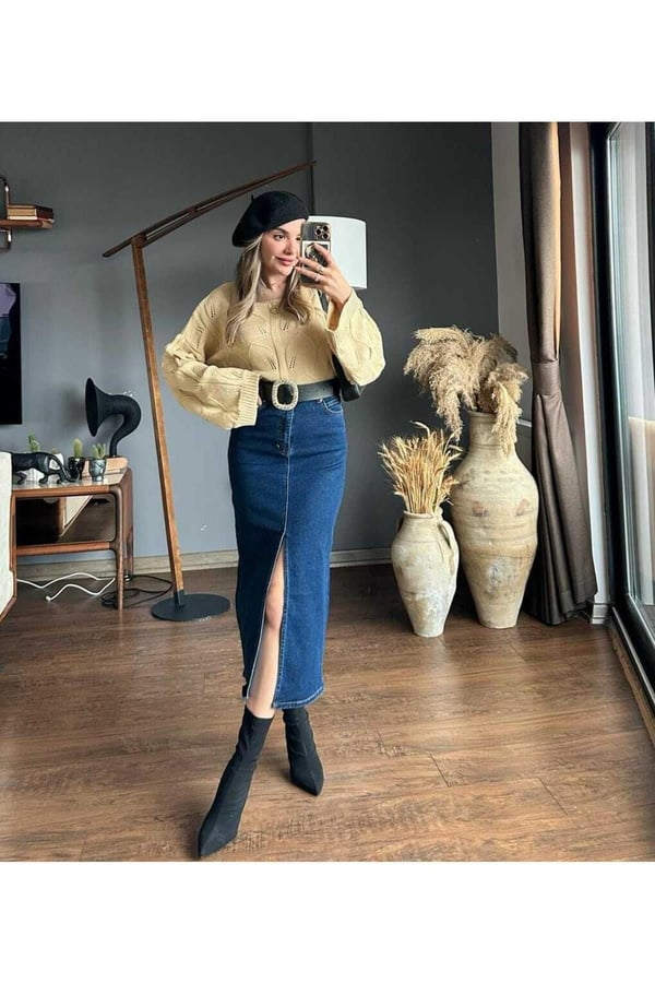 Zr Model Yırtmaç Detaylı Düğmeli Kot Etek Koyu Mavi Midi Diz Boy