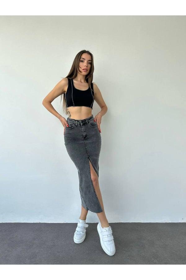 Zr Model Yırtmaç Detaylı Düğmeli Kot Etek Füme Midi Diz Boy