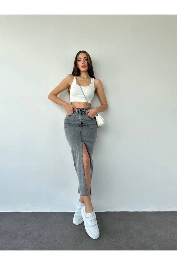Zr Model Yırtmaç Detaylı Düğmeli Kot Etek Füme Midi Diz Boy
