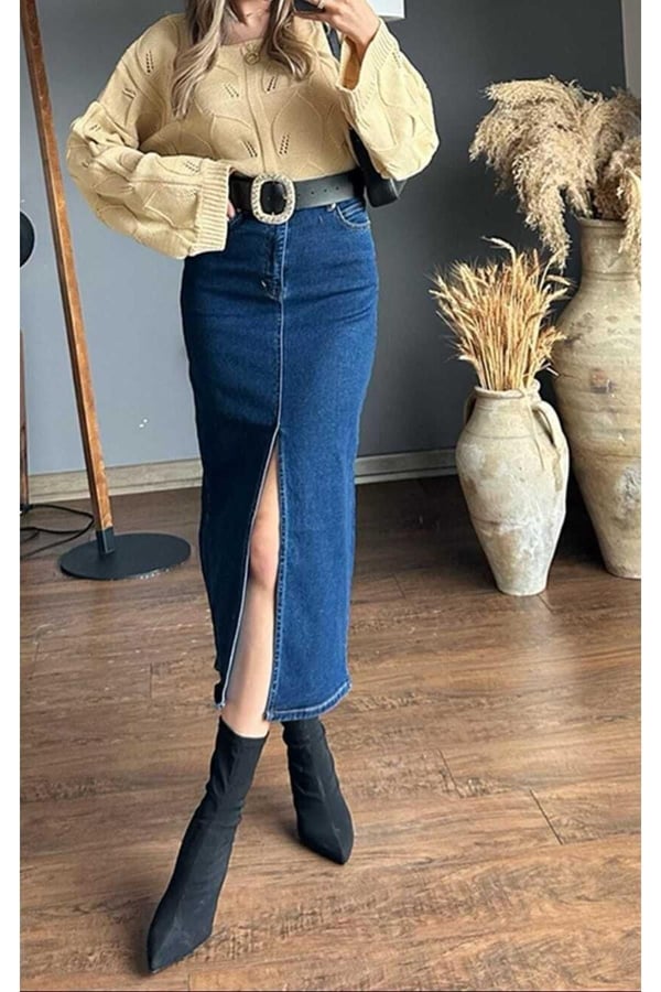 Zr Model Yırtmaç Detaylı Düğmeli Kot Etek Koyu Mavi Midi Diz Boy