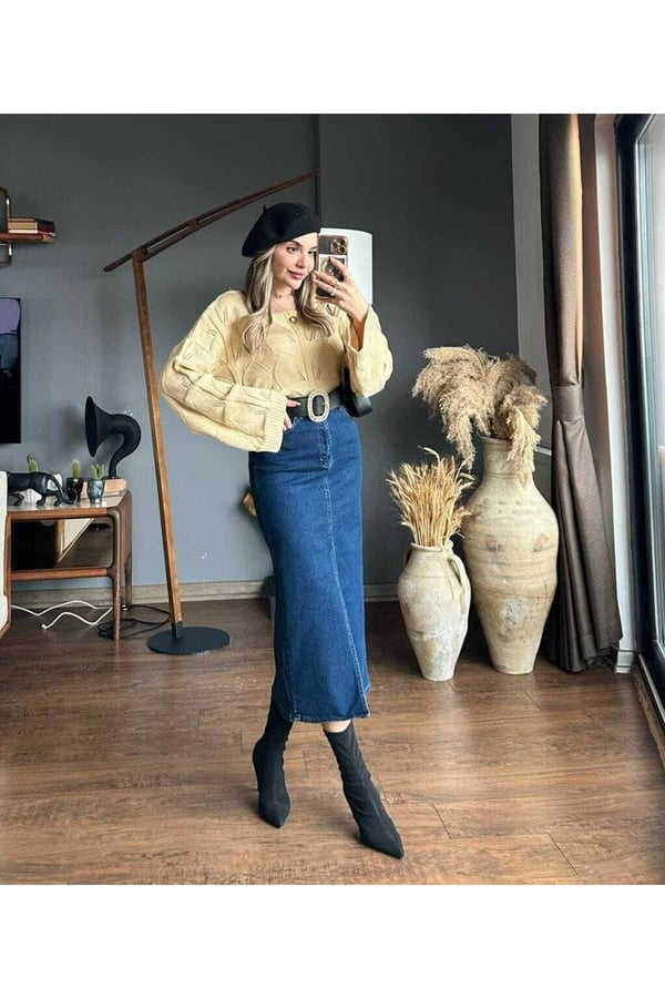 Zr Model Yırtmaç Detaylı Düğmeli Kot Etek Koyu Mavi Midi Diz Boy