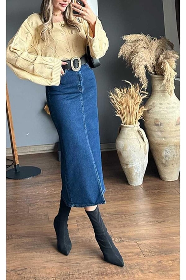Zr Model Yırtmaç Detaylı Düğmeli Kot Etek Koyu Mavi Midi Diz Boy