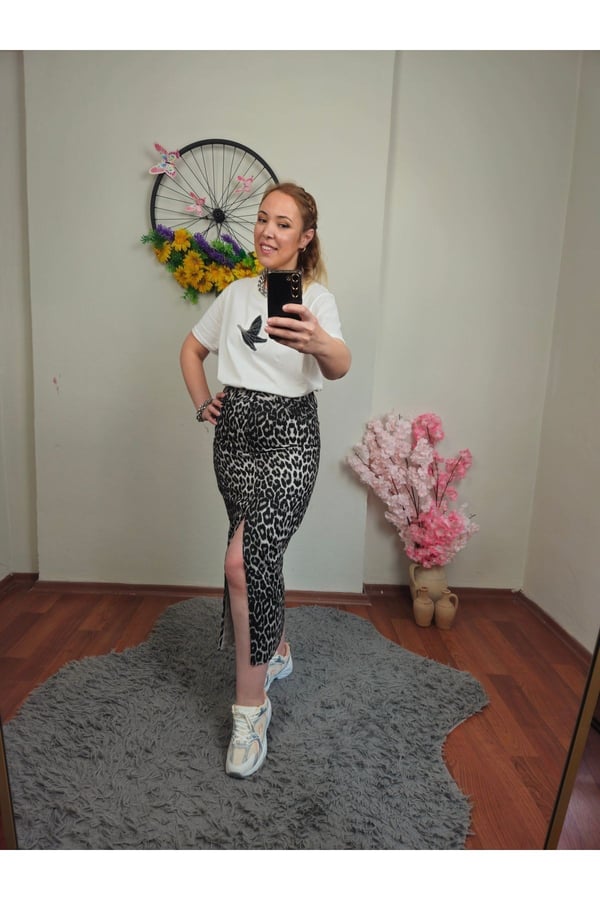 Zr Model Yırtmaç Detaylı Leopar Kot Etek LİKRASIZ
