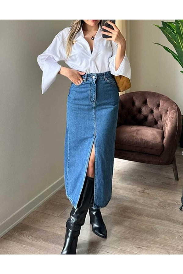 Zr Model Yırtmaç Detaylı Mavi Düğmeli Kot Etek