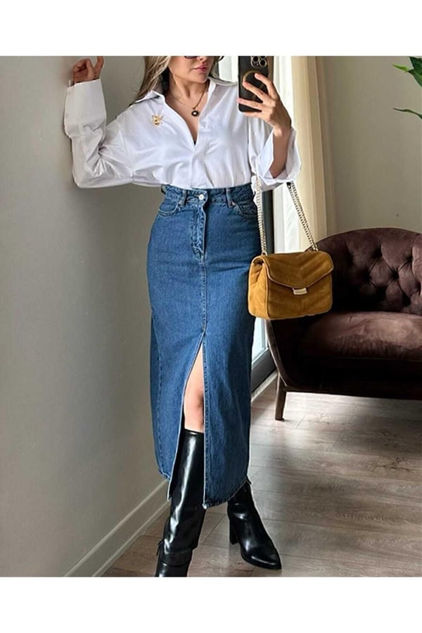 Zr Model Yırtmaç Detaylı Mavi Düğmeli Kot Etek